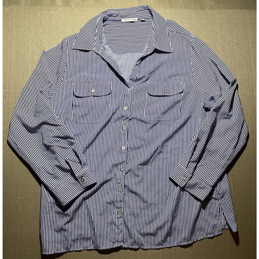 Notations Women’s 2X Button Up Blouse Blue White Striped Pockets Silver